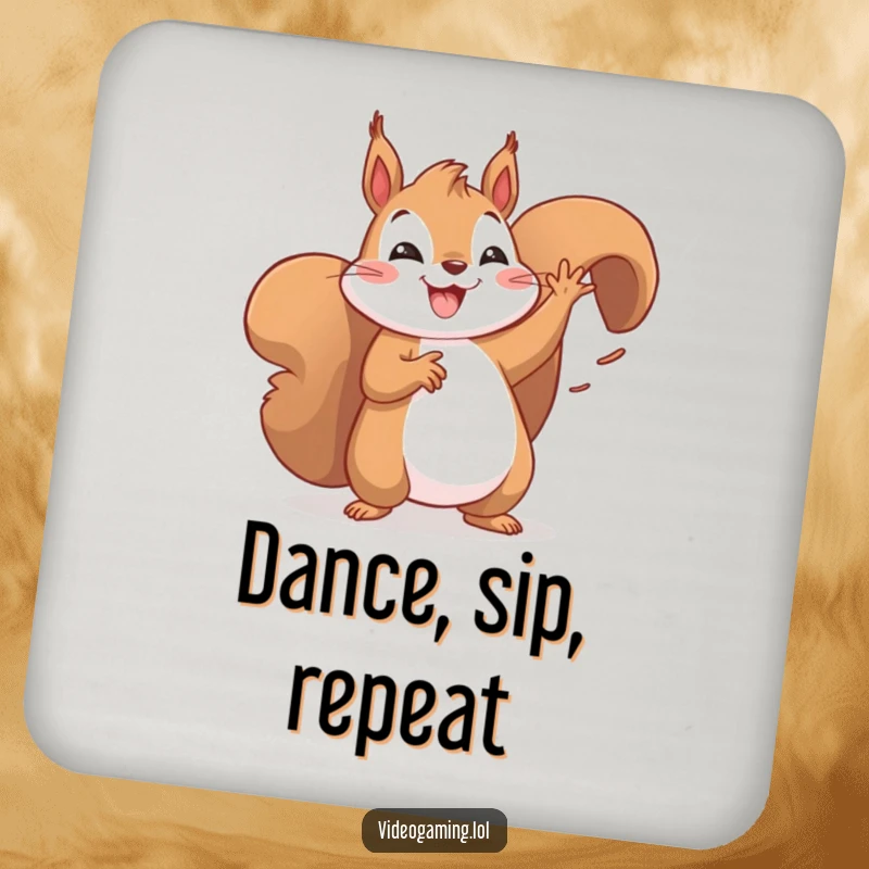 Funny drink coaster with a happy squirrel doing a victory dance. Protects surfaces.