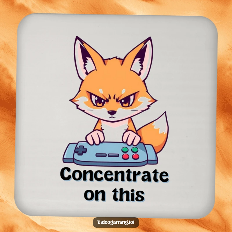 Funny fox gamer drink coasters, showing intense focus on a game screen, for protecting surfaces.