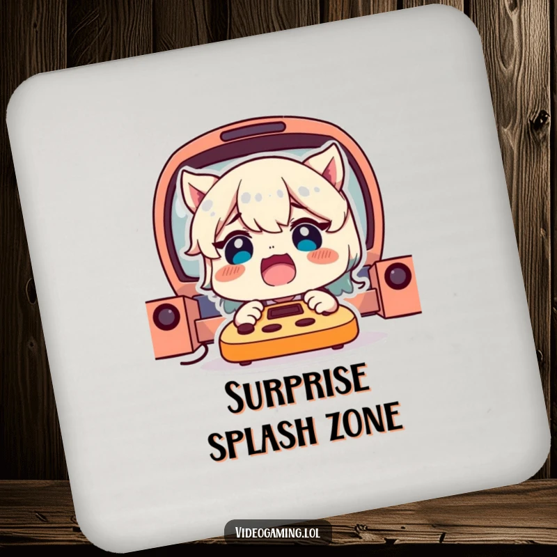 Funny Gamer Coaster: A delighted character with a shocked expression, serving as a funny coaster for gamers.