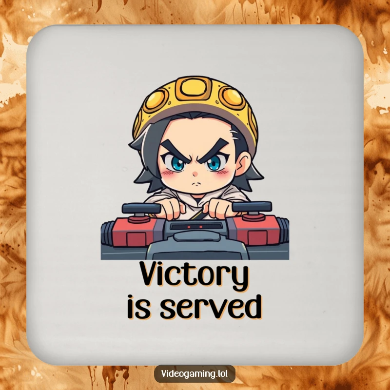 Funny drink coasters showing a determined character with intense focus on a fast-paced game, ideal for gamer gatherings.