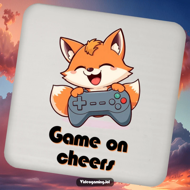 Funny drink coasters showing a smiling fox frantically pressing game controller buttons, protecting tables with gaming humor.