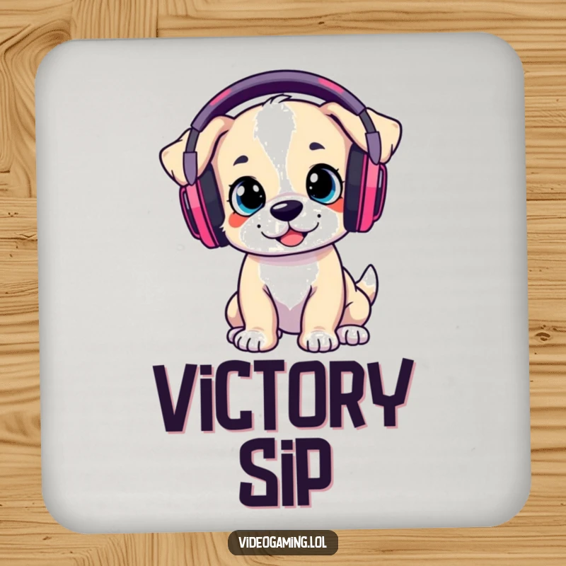 Funny Drink Coasters: A playful puppy wearing large gaming headphones, protecting tables with gamer humor.