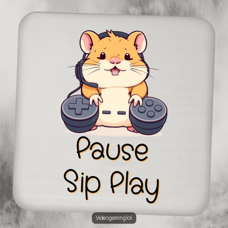 Funny Hamster Gamer Coaster: A determined hamster wearing a headset furiously mashes controller buttons, perfect for drink protection.