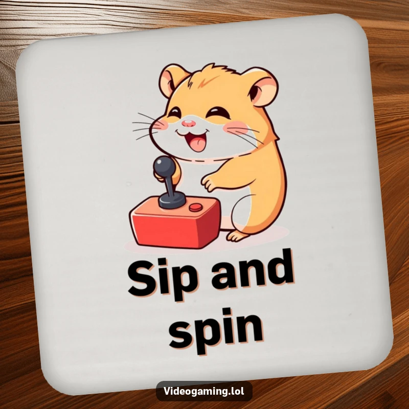 Funny Hamster Gamer Coaster: A giggling hamster excitedly moves a tiny joystick, adding fun and protection.