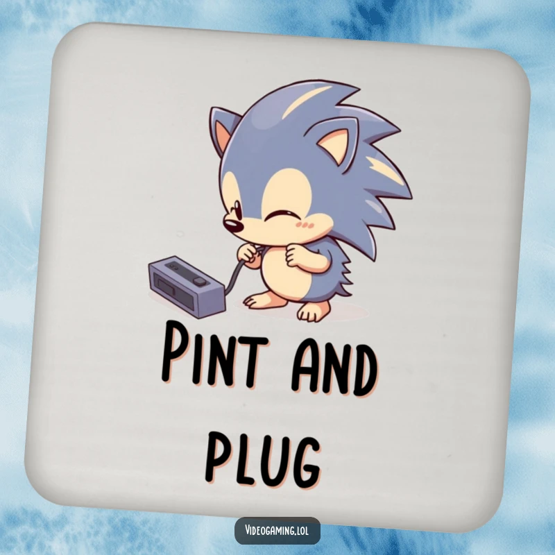 Funny Hedgehog Tech Drink Coaster: A protective coaster featuring a curious hedgehog comically trying to plug in a console cable, for gamers.