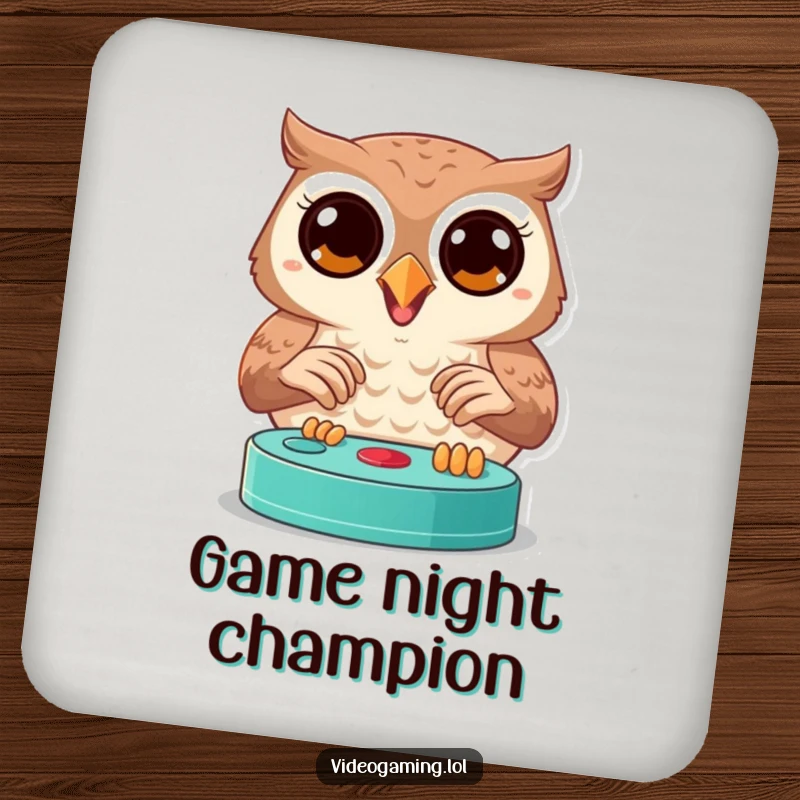 Funny owl drink coaster showing a joyful bird with wide, focused eyes playing a video game, protecting surfaces.