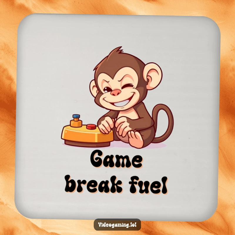 Funny Monkey Gamer Coaster with a mischievous monkey playing a game, grinning widely, protecting surfaces with style.