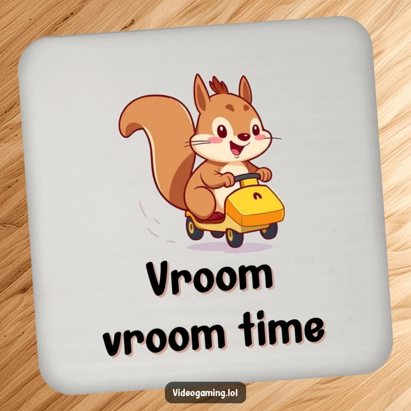 Funny drink coaster showing an energetic squirrel racing a small vehicle with a determined expression.