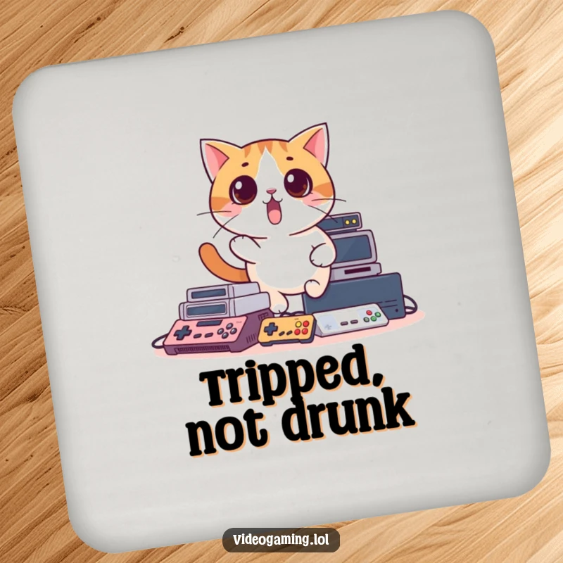Funny drink coaster featuring a surprised cat comically tripping over video game consoles, protecting surfaces with gamer humor.