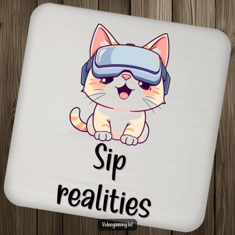 Funny VR cat coaster: A happy cat in a VR headset, navigating a digital landscape protecting your furniture. Wonderful funny gift.