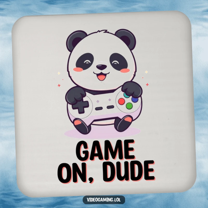 Funny drink coaster showing a playful panda intensely mashing buttons on a game controller.