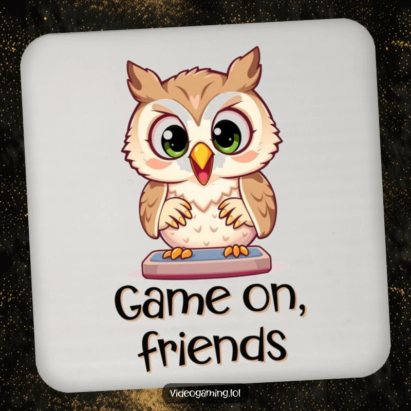 Funny Owl Coaster: A joyful owl plays a game with wide, focused eyes, protecting surfaces with gamer-like concentration.