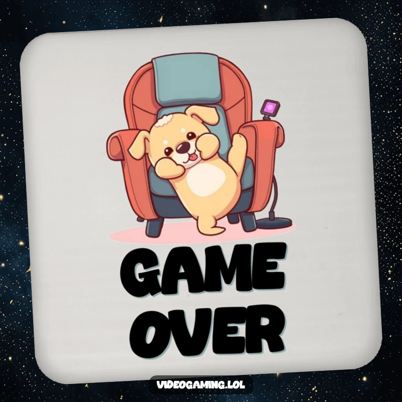 Funny puppy coaster depicting a clumsy dog falling backward out of a gaming chair, protecting surfaces with humor.