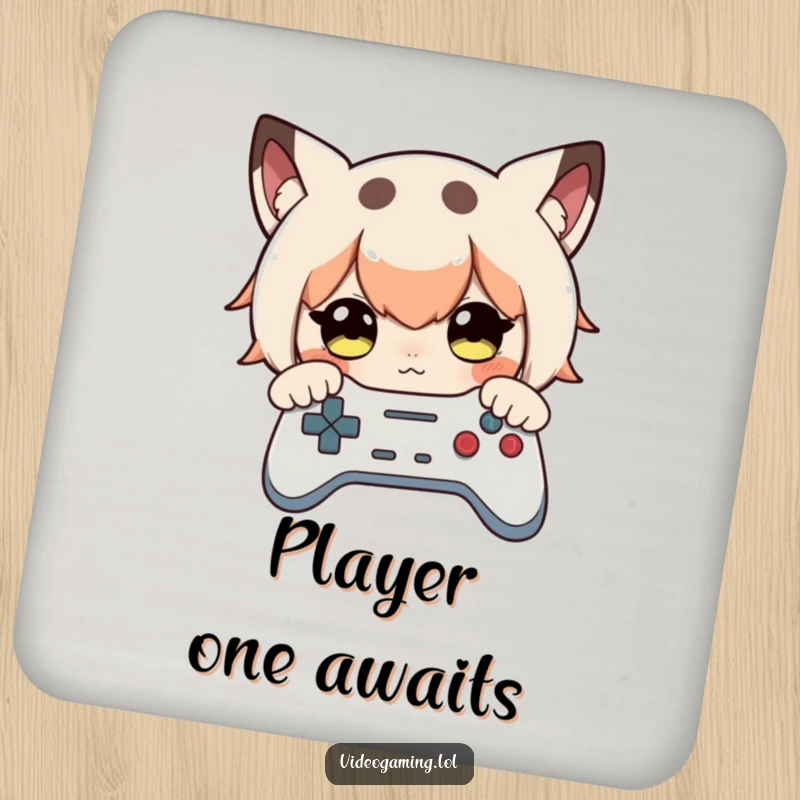 Funny drink coasters showing a curious character intensely looking at a game controller, ideal for gamer gatherings.