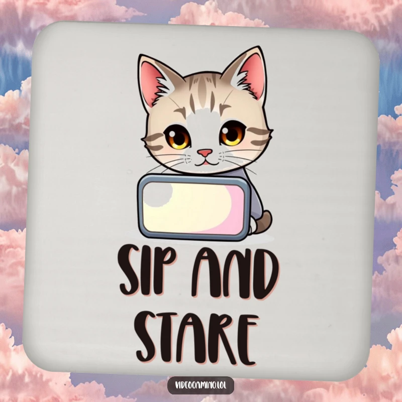 Funny cat peering intently at a glowing screen, depicted on coasters for protecting surfaces with hilarious flair.