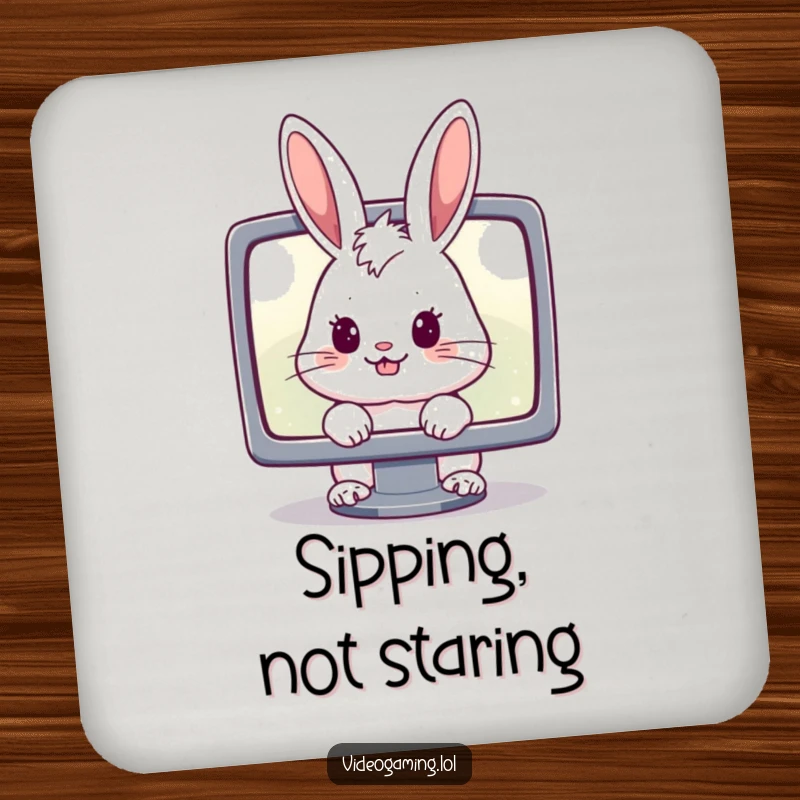 Funny drink coaster featuring a cheerful rabbit intensely staring at a glowing monitor, protecting surfaces with gamer humor.