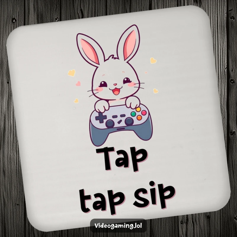 Funny rabbit gamer drink coasters, showing rapid button tapping on a game controller, for surface protection.