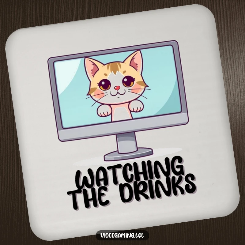 Funny drink coasters with a curious cat peeking from behind a large monitor, providing humorous surface protection.