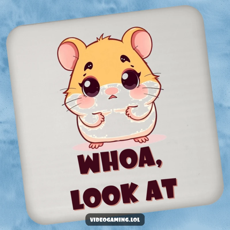 Funny drink coaster showing a hamster with comically wide, surprised eyes, hinting at a shocking discovery.