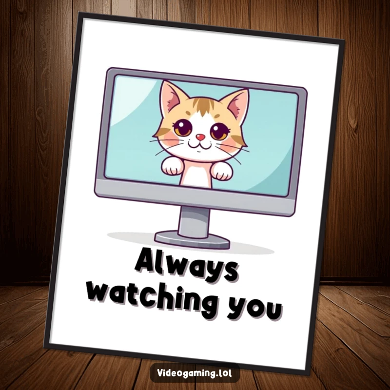 Funny poster depicting a curious cat peeking from behind a large monitor, conveying a sense of playful observation and humor.