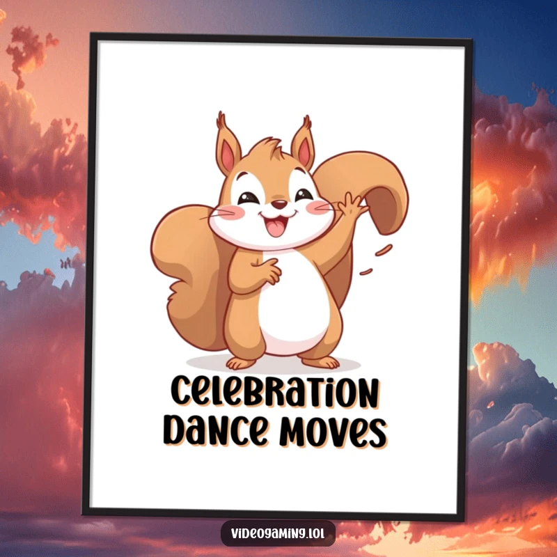 Funny poster print of a happy squirrel doing a lively victory dance, arms raised. Great for room decor.