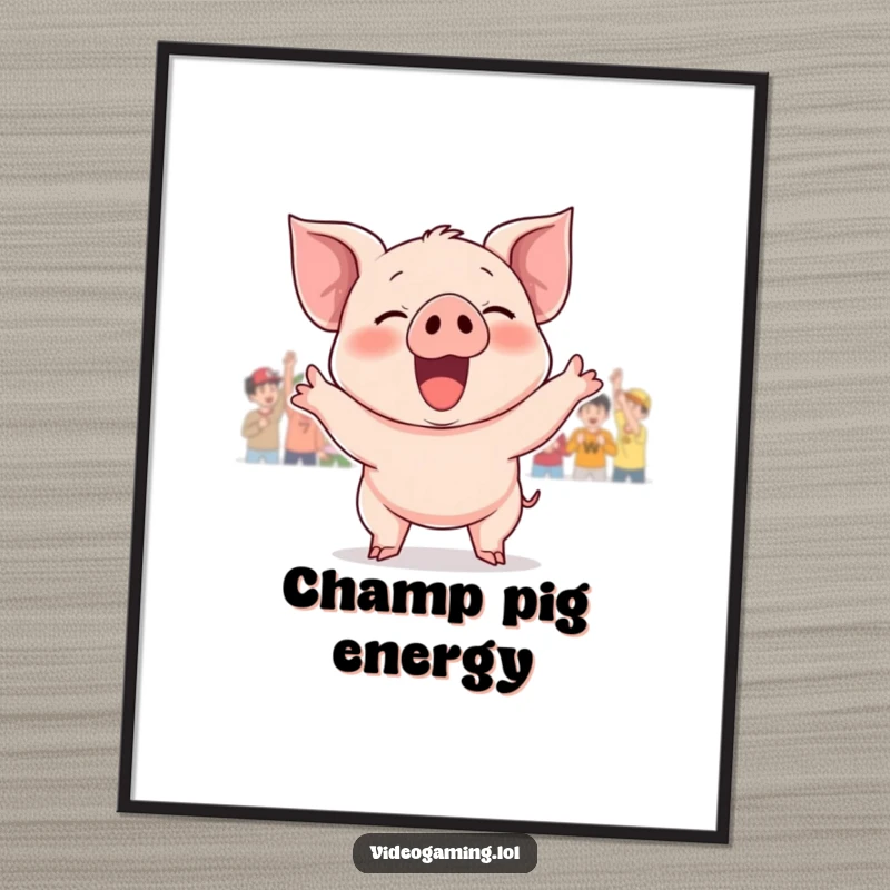 Funny poster print of a giggling piglet raising its hooves in victory, cheering loudly. Great for room decor.
