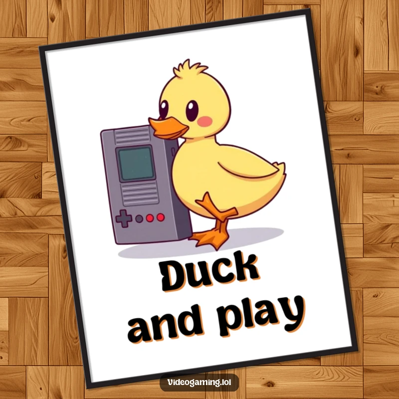 Funny wobbly duck poster art, teetering with a vintage game cartridge, capturing a moment of humorous gaming struggle and artistic flair.