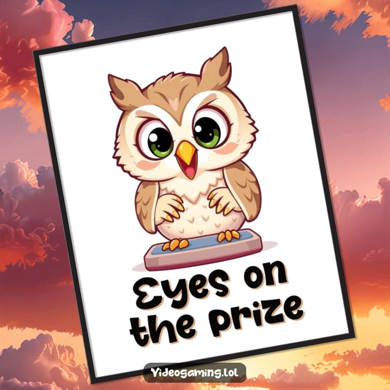 Funny Owl Poster: A joyful owl plays a game with wide, focused eyes, depicted as art for intense gamer concentration.