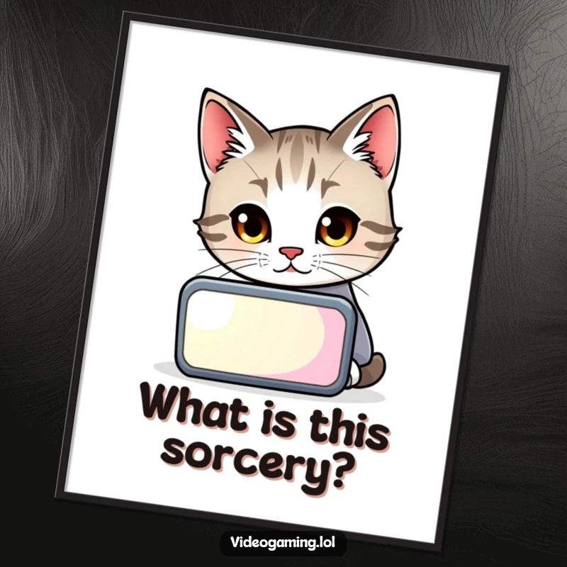 Funny cat with laser focus, peering at a vibrant glowing screen, a hilarious poster for art lovers.