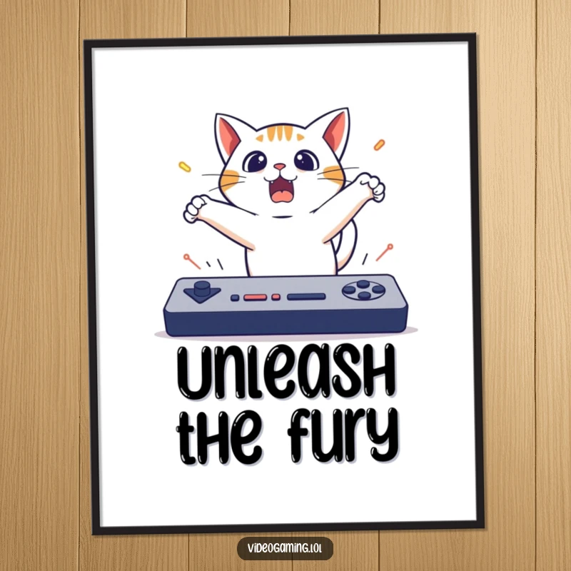 Funny Cat Gaming Poster: A surprised cat leaps backward from a fast-paced game, creating a comical and eye-catching scene.