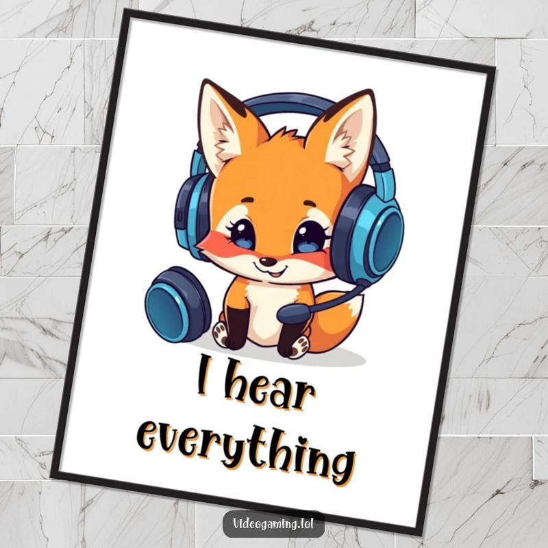 Funny poster art of a curious fox happily examining a complex gaming headset, offering humorous gamer tech decor.