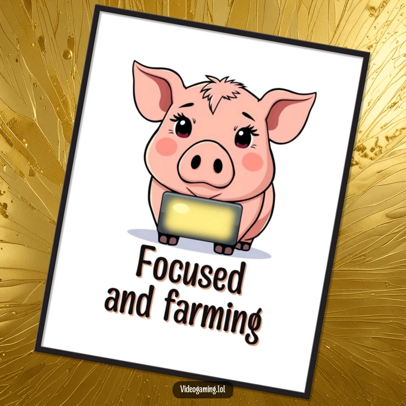 Funny Determined Pig Poster, captured staring intently at a glowing screen, embodying gamer concentration and humor.