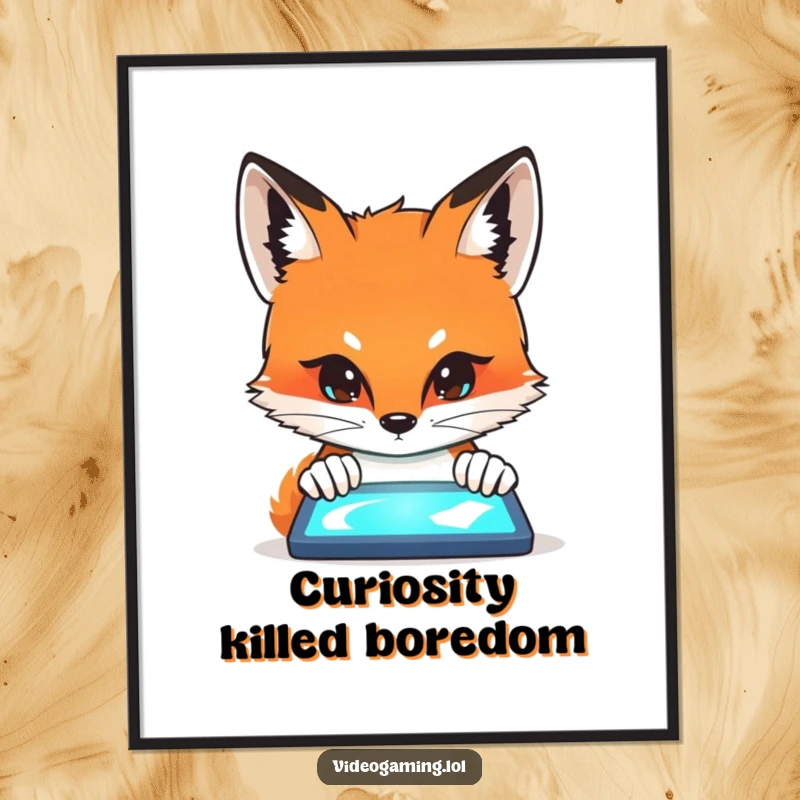 Funny Fox Screen Stare Poster depicting a curious fox with wide eyes, peering intensely at a bright, glowing screen.