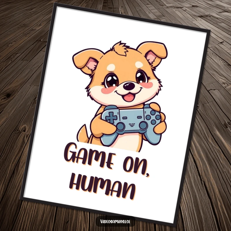 Funny poster showcasing a happy dog engrossed in gaming, controller in paw, eyes fixed on a screen, pure digital focus.