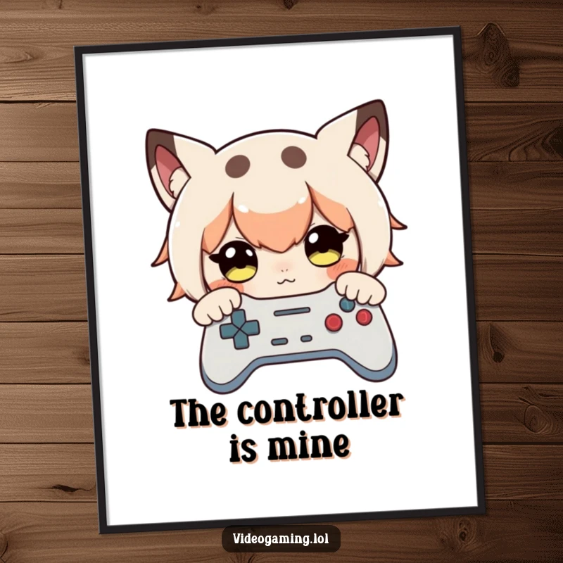 Funny poster featuring a curious character's intense stare at a video game controller, conveying deep engagement.