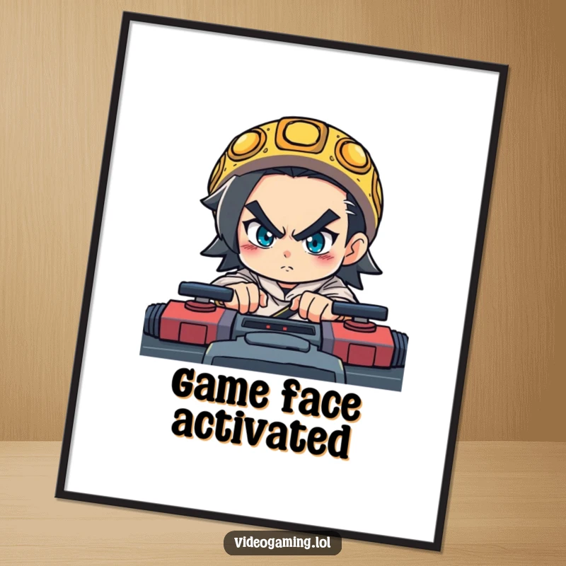 Funny poster showing a determined character with a look of fierce concentration during an intense, fast-paced video game.
