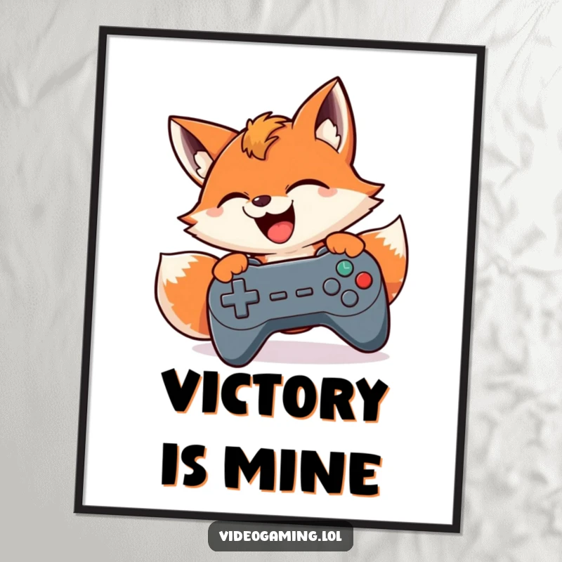Funny poster art of a smiling fox intensely mashing buttons on a video game controller, perfect for a gamer's room.