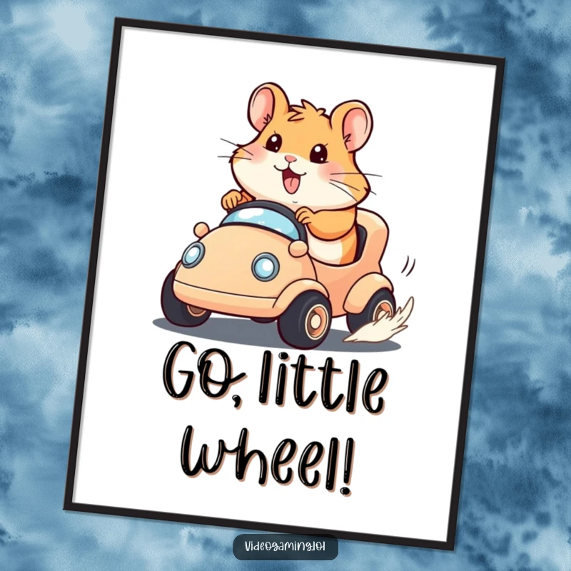 Funny Hamster Race Poster featuring a happy hamster with intense determination driving a tiny virtual vehicle, speeding towards the finish line.