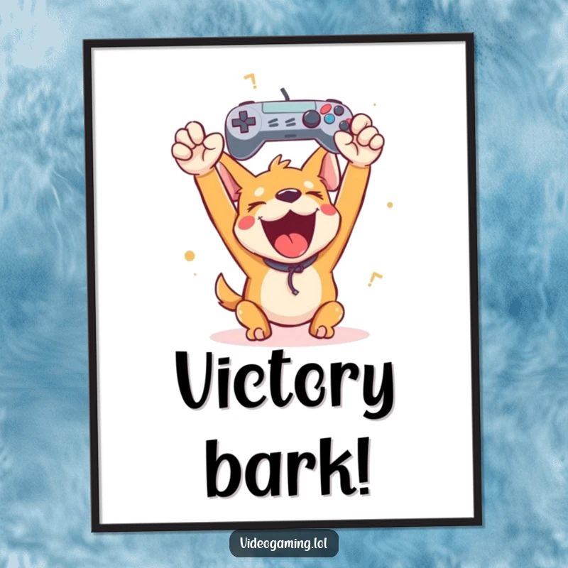 Funny happy dog cheering wildly, holding a game controller aloft in a moment of pure gamer triumph, humorous poster art.