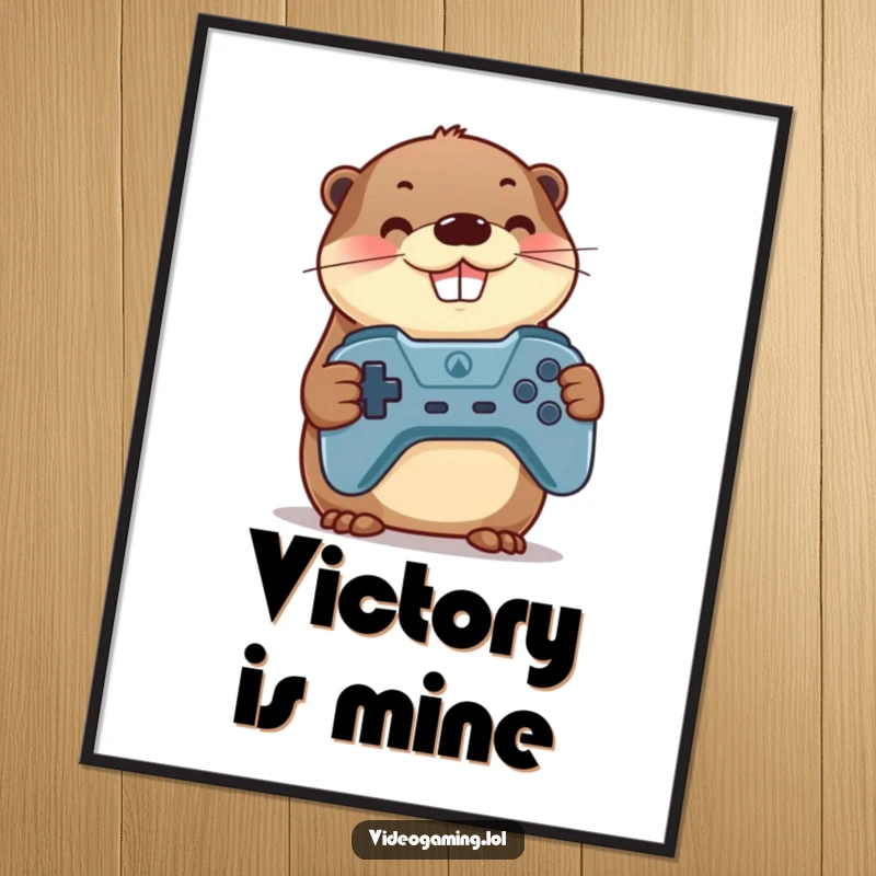 Funny Otter Gamer Poster: A proud otter victoriously holds a game controller, beaming with a huge smile.