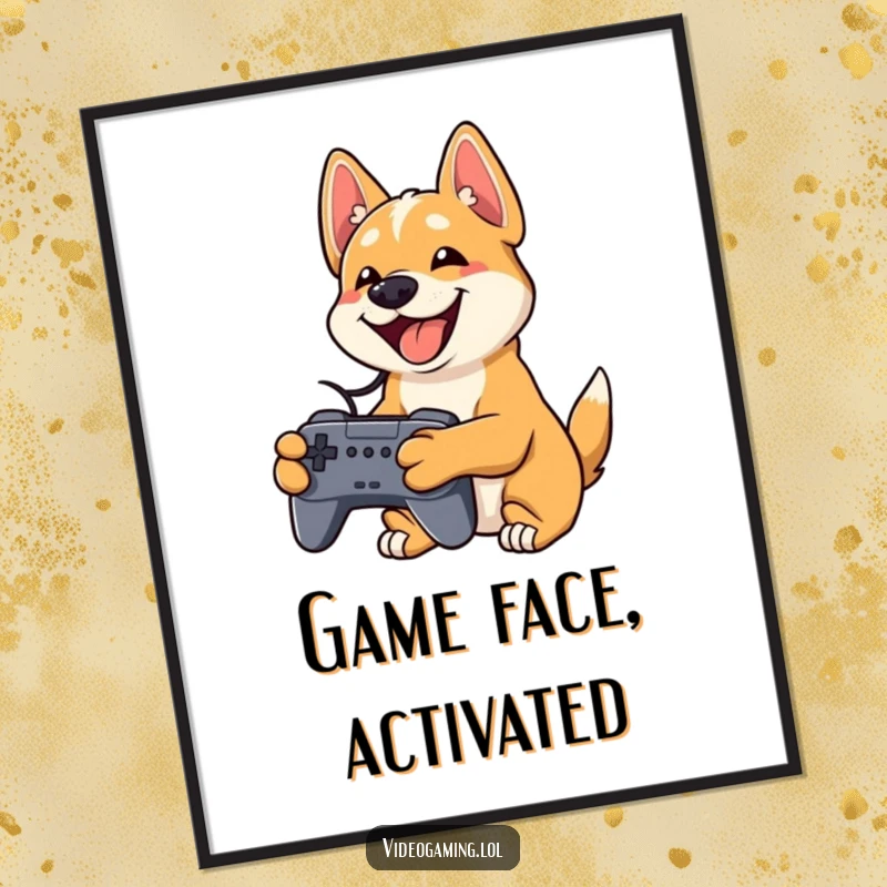 Funny dog poster of a playful dog grinning broadly while holding a video game controller, gamer wall art.