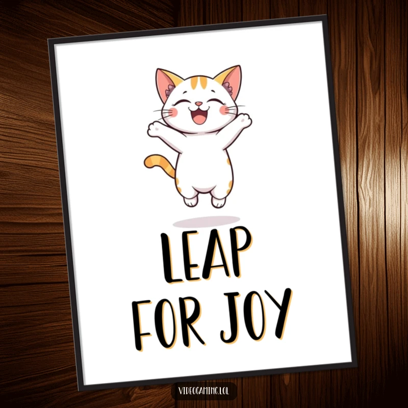 Funny poster print of an overjoyed cat captured mid-air as it jumps with pure excitement and playful energy.
