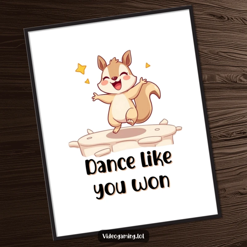 Funny poster of a giggling squirrel dancing with unrestrained excitement after winning a video game level, celebratory art.