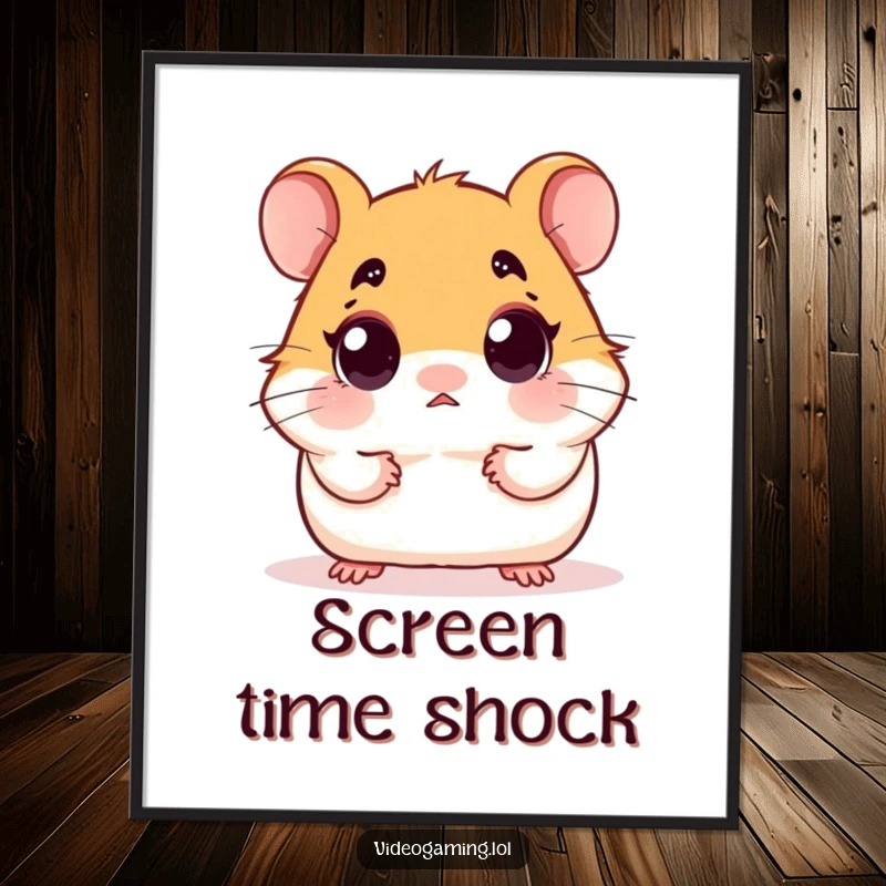 Funny poster art of a small hamster with comically wide eyes, captivated by something on a screen.