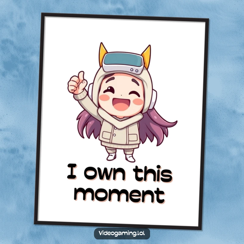 Funny poster art of a happy character celebrating a virtual win with a fist pump; ideal for festive decor.