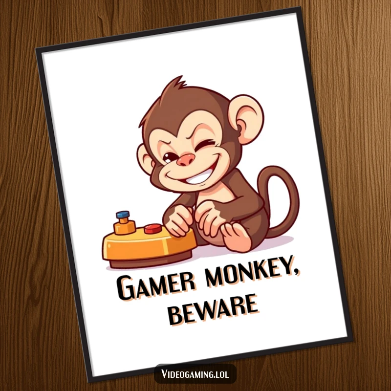 Funny Monkey Gamer Poster of a mischievous monkey with a wide grin, engrossed in playing a video game with intense focus.
