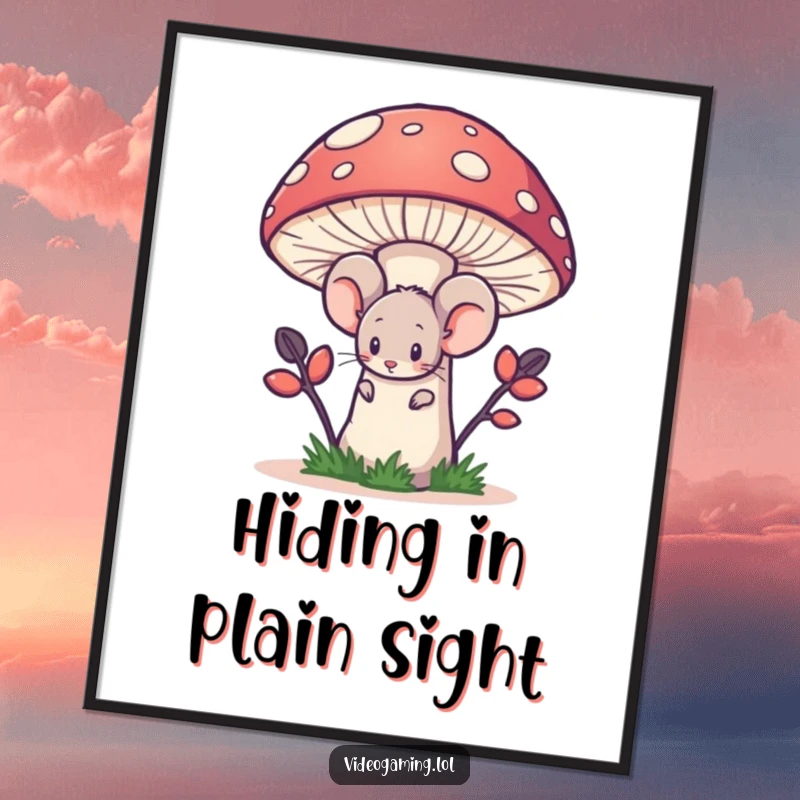 Funny poster art of a shy mouse peeking out from behind a giant pixelated mushroom, creating a sense of privacy.