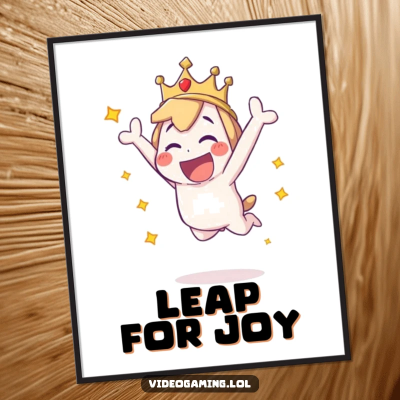 Funny poster art of a playful character performing an exhilarating leap in celebration of a hard-won victory, full of dynamism.