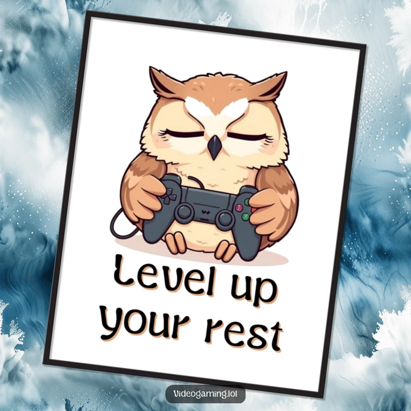 Funny Tired Owl Poster, capturing a peaceful nap with a controller, ideal gamer wall art for humor lovers.