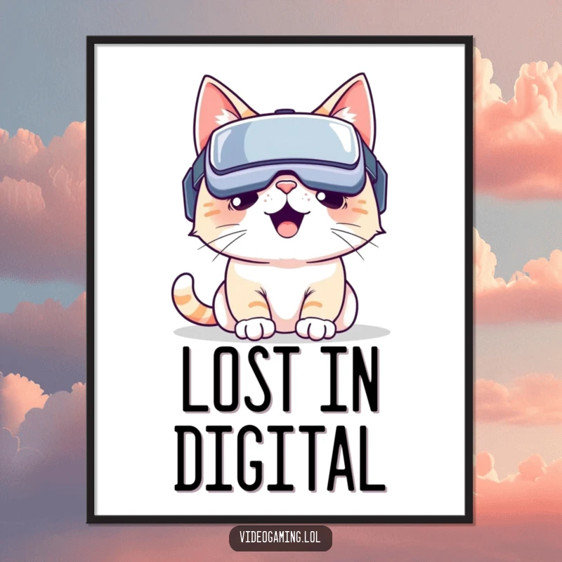 Funny VR cat poster: A happy cat sporting a VR headset, lost in the wonders of a virtual reality. Ideal funny gift.